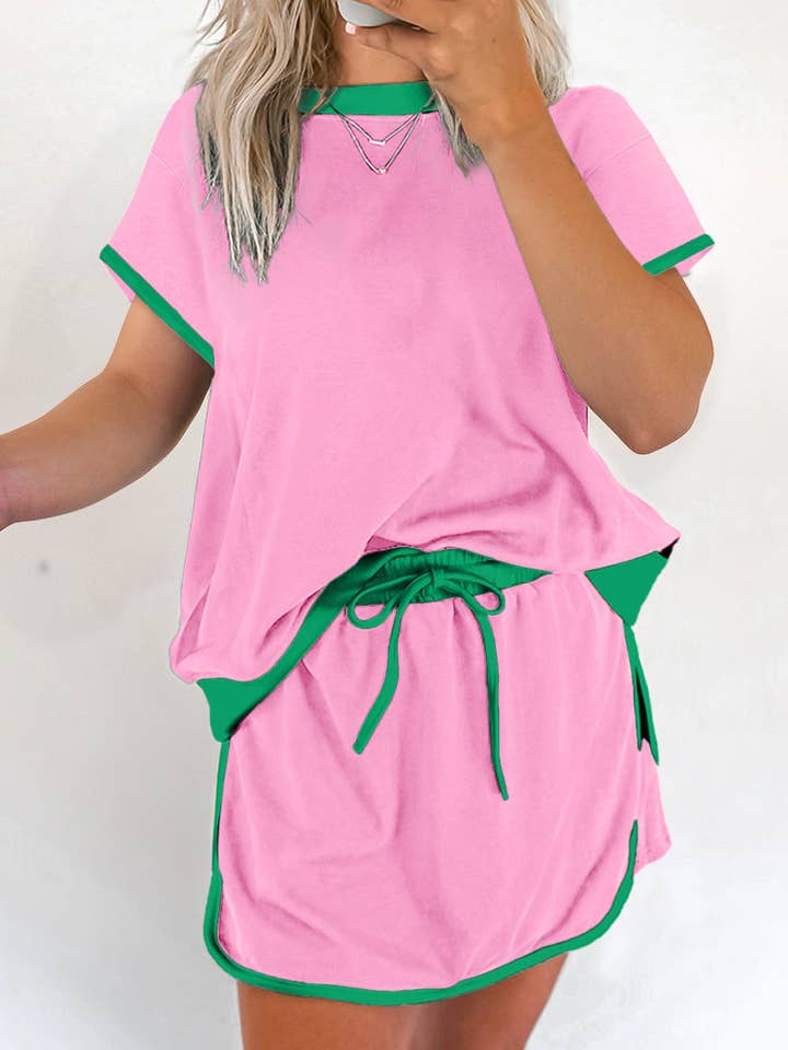 Lovesoft - Wholesale Top & Skirt Set - Women's - Bonbon Colorblock Edge Drop Shoulder T Shirt and Skort 2Pcs Set