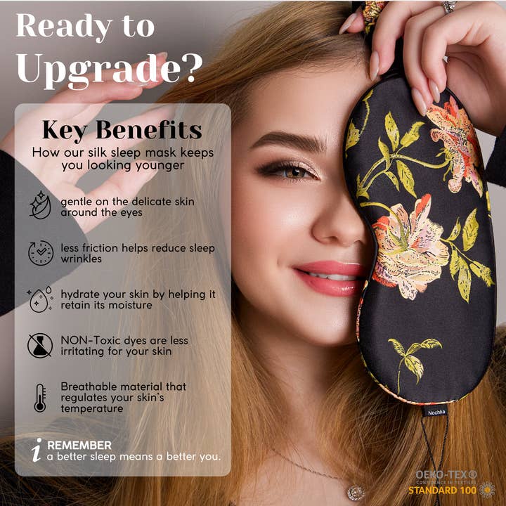 Nochka – Großhandel Schlafmaske – Wildrose Reine Seide Schlafmaske + Haargummi1