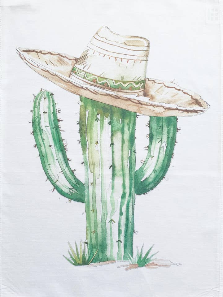 Cactus with a hat large cotton tea towel for wholesale by Half a Donkey