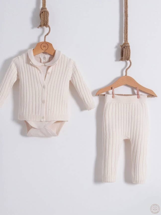 3-Piece Baby Boy Knit Set – Fine Knit Cotton Cream for wholesale by Nipperland