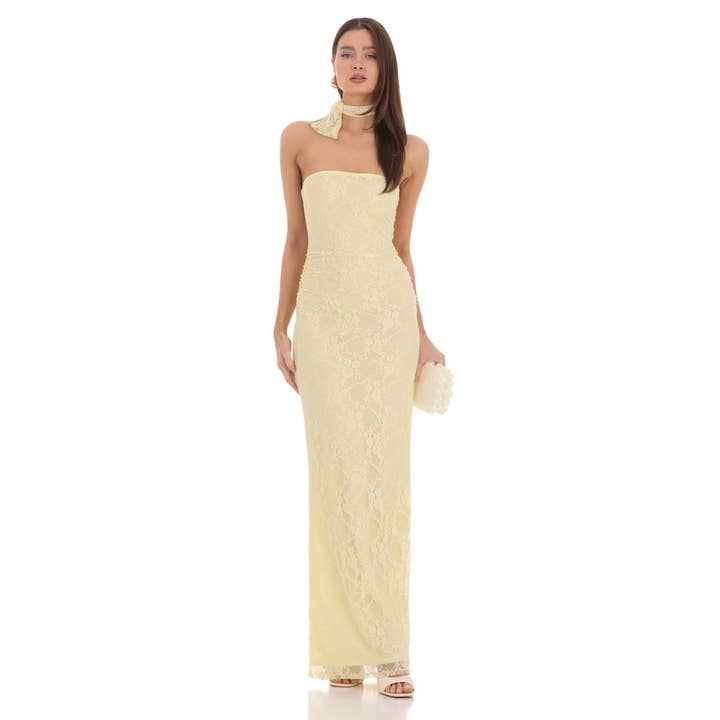 Scarf Lace Maxi Dress in Yellow for wholesale by Lucy In The Sky