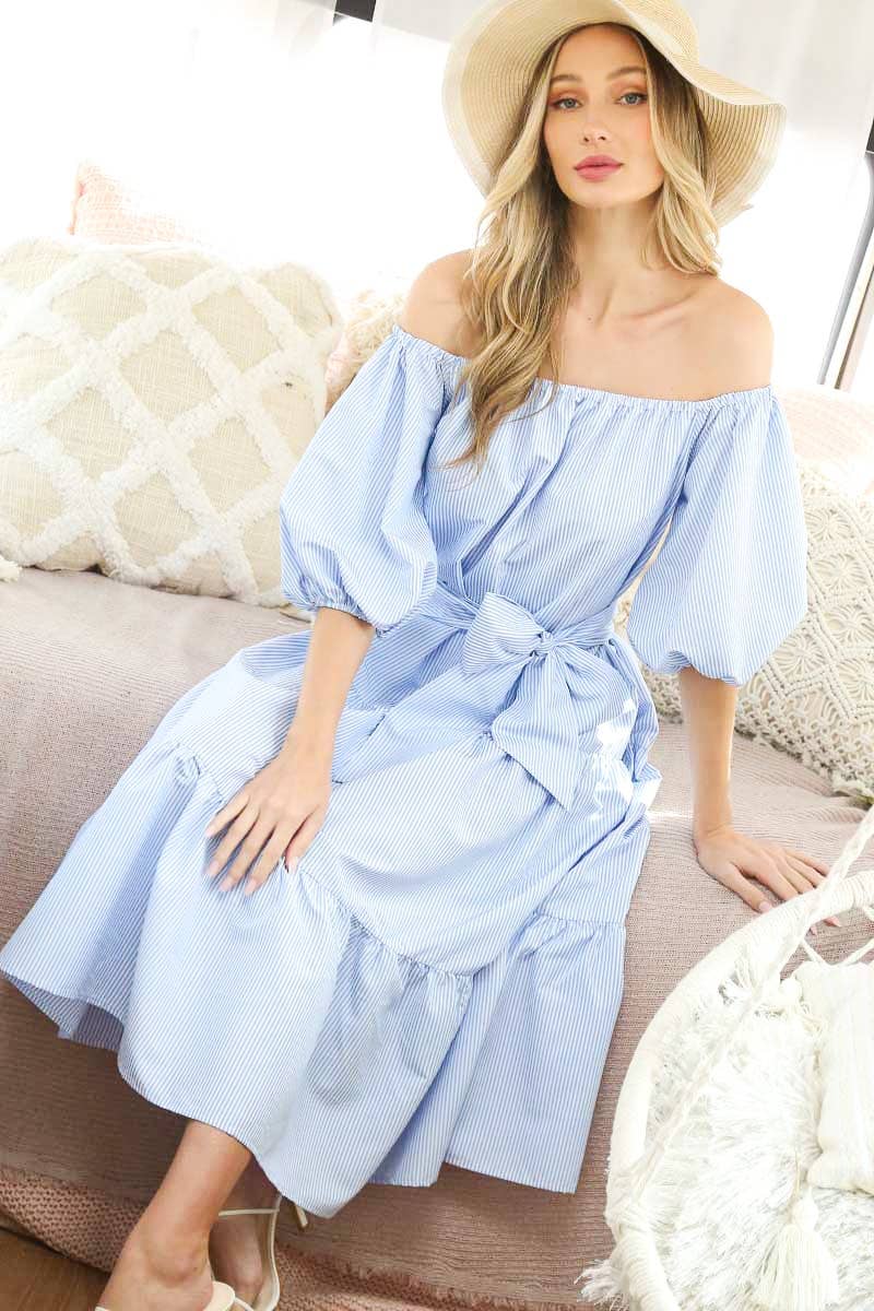 Vine & Love – wholesale Dress – Women's – Off-The-Shoulder Tie Waistband Tiered Striped Dress  VD7029617