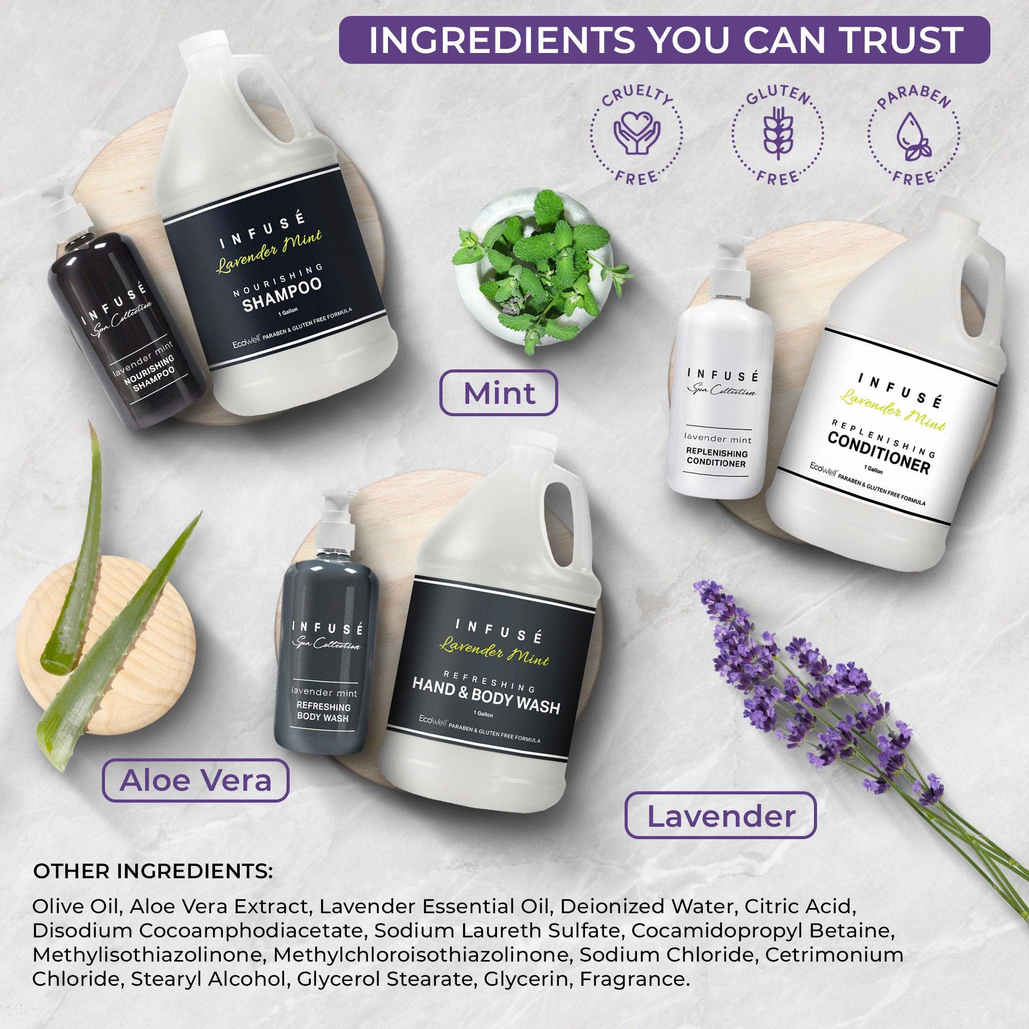 Diversified Hospitality Solutions - Wholesale Bath & Body Set - Infuse Lavender Mint Gallon & Dispenser Set | All-In-Kit | Shampoo Conditioner Body Wash Gallon | Refillable 10.14 oz. Matching Pump Bottles3