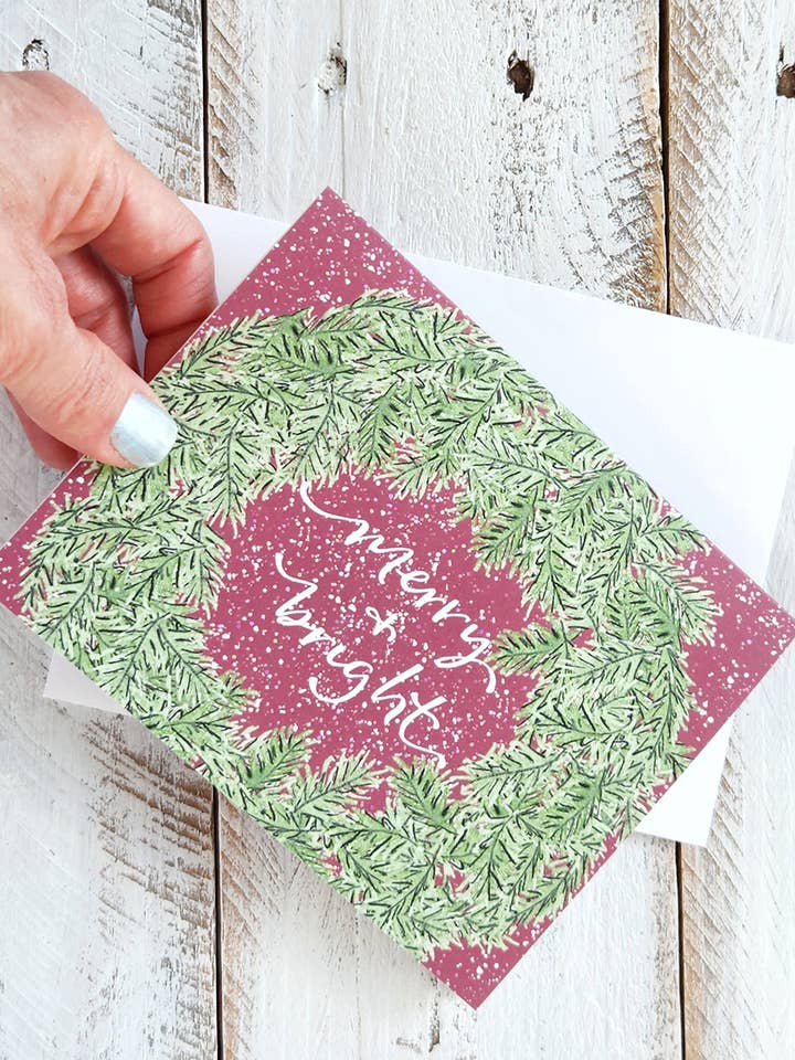 Merry & Bright Pine Wreath Card for wholesale by The Painted Pen
