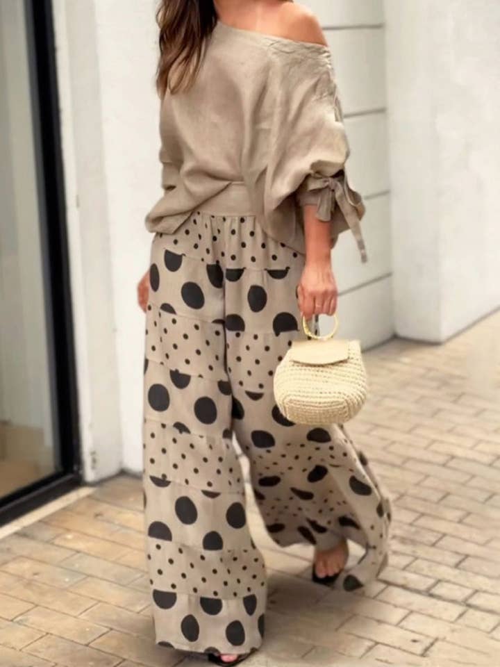 Off-Shoulder Top with Polka Dot Pants Set for wholesale by safistyle