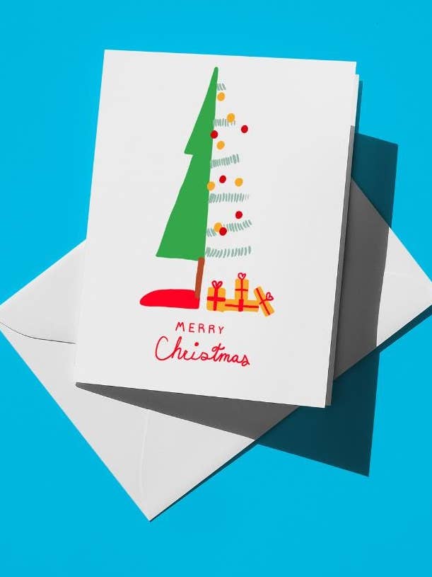 Cartão de felicitações minimalista de árvore de Natal, design sazonal de férias A2, cartolina, interior em branco, perfeito para desejos de Natal. por atacado de semiserious studio