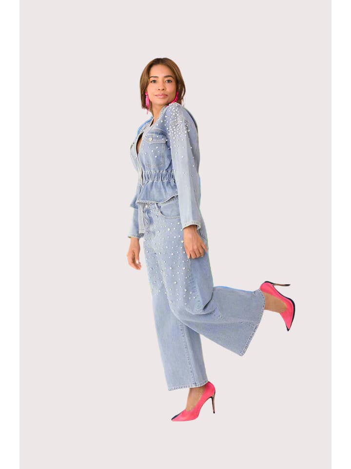 Pearl Cascade Peplum Denim Jacket - 82325 for wholesale on Faire