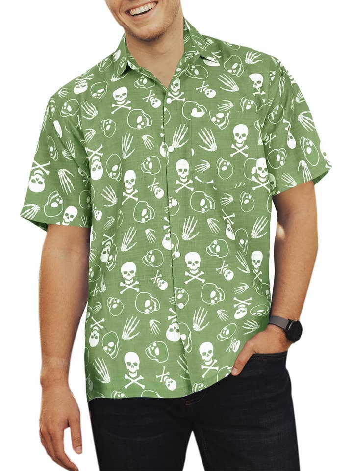 La Leela Men's Pirate Skull Printed Shirt Olive P00478
for wholesale by LA LEELA \ HAPPY BAY