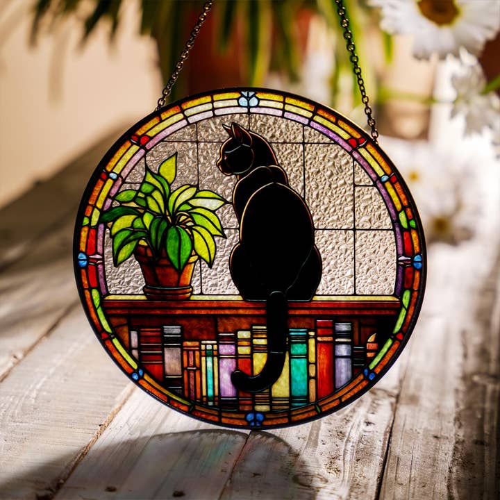 Attrape-soleil en verre avec chat noir et livre, cadeau pour amateur de livres pour la vente par TMLECOM LTD