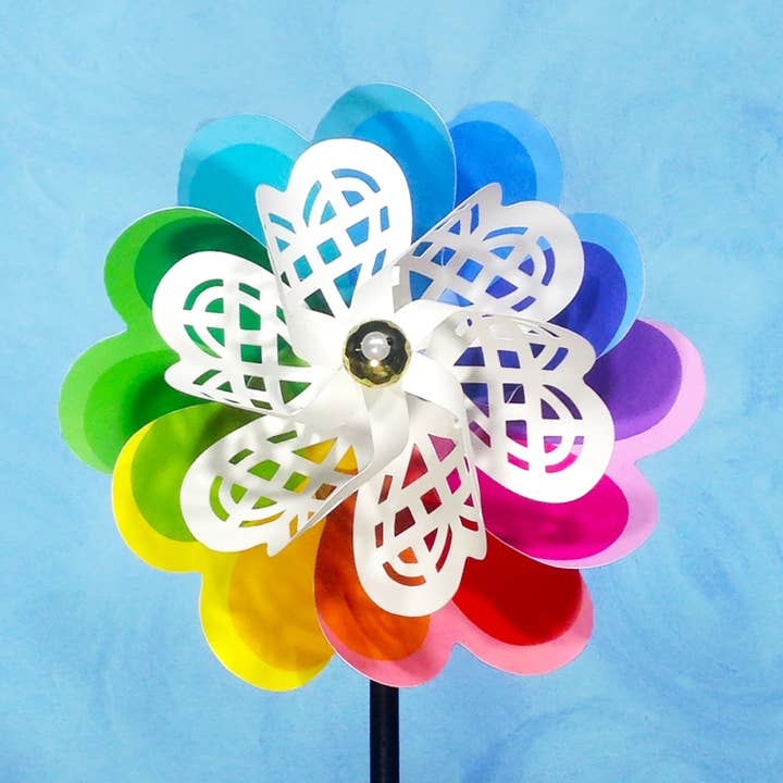 Rainbow Hearts Double Spin Pinwheel Wind Spinner Fan for wholesale by Paper Arboretum