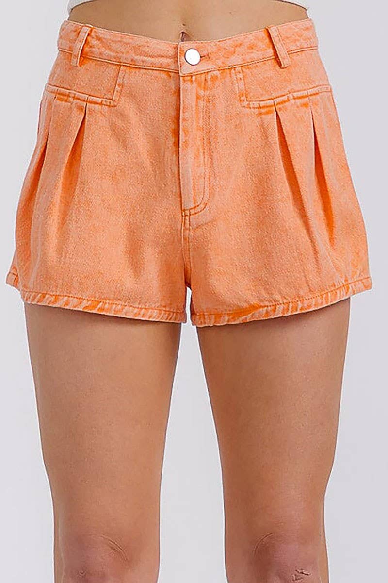Orange ZIPPER CLOSURE BACK POCKET MINI DENIM SHORTS for wholesale on Faire
