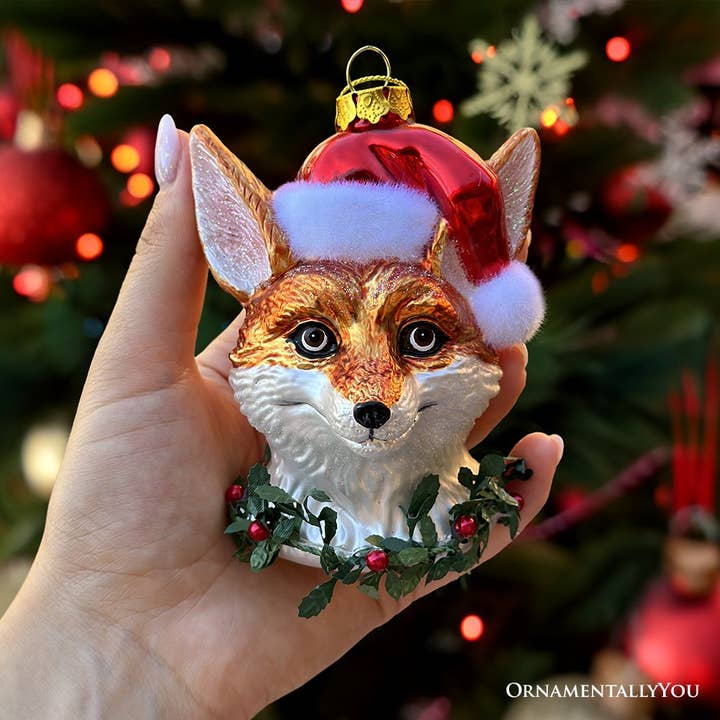 OrnamentallyYou – wholesale Ornament – Fox with Santa Hat Glass Christmas Ornament, Woodland Animal