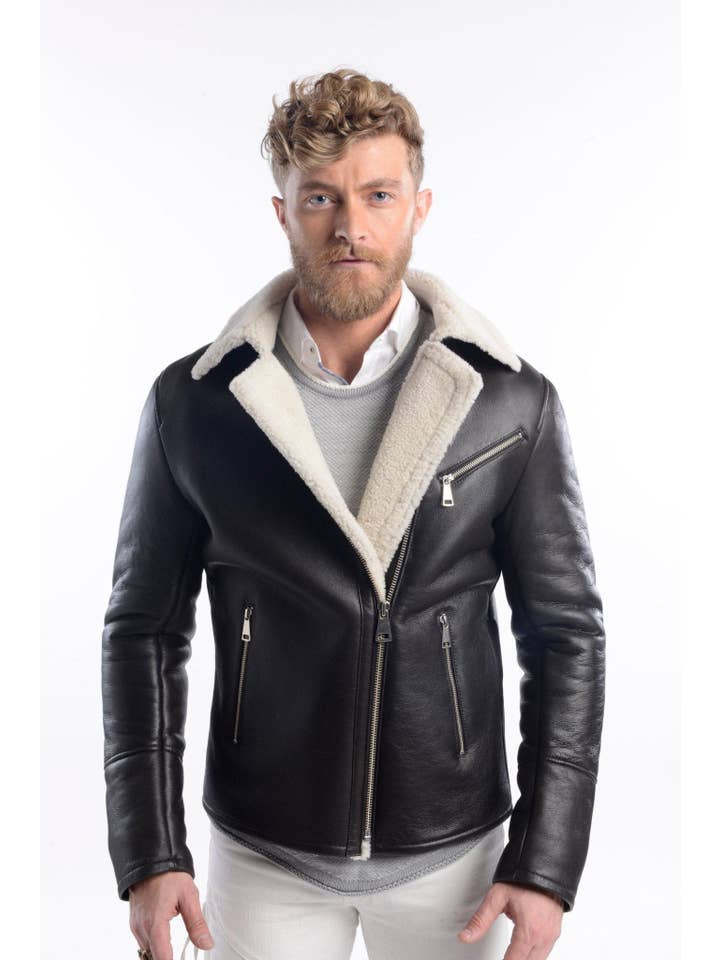 ZWART Met shearling gevoerde leren vliegjas voor heren - zwart voor groothandel op Faire4