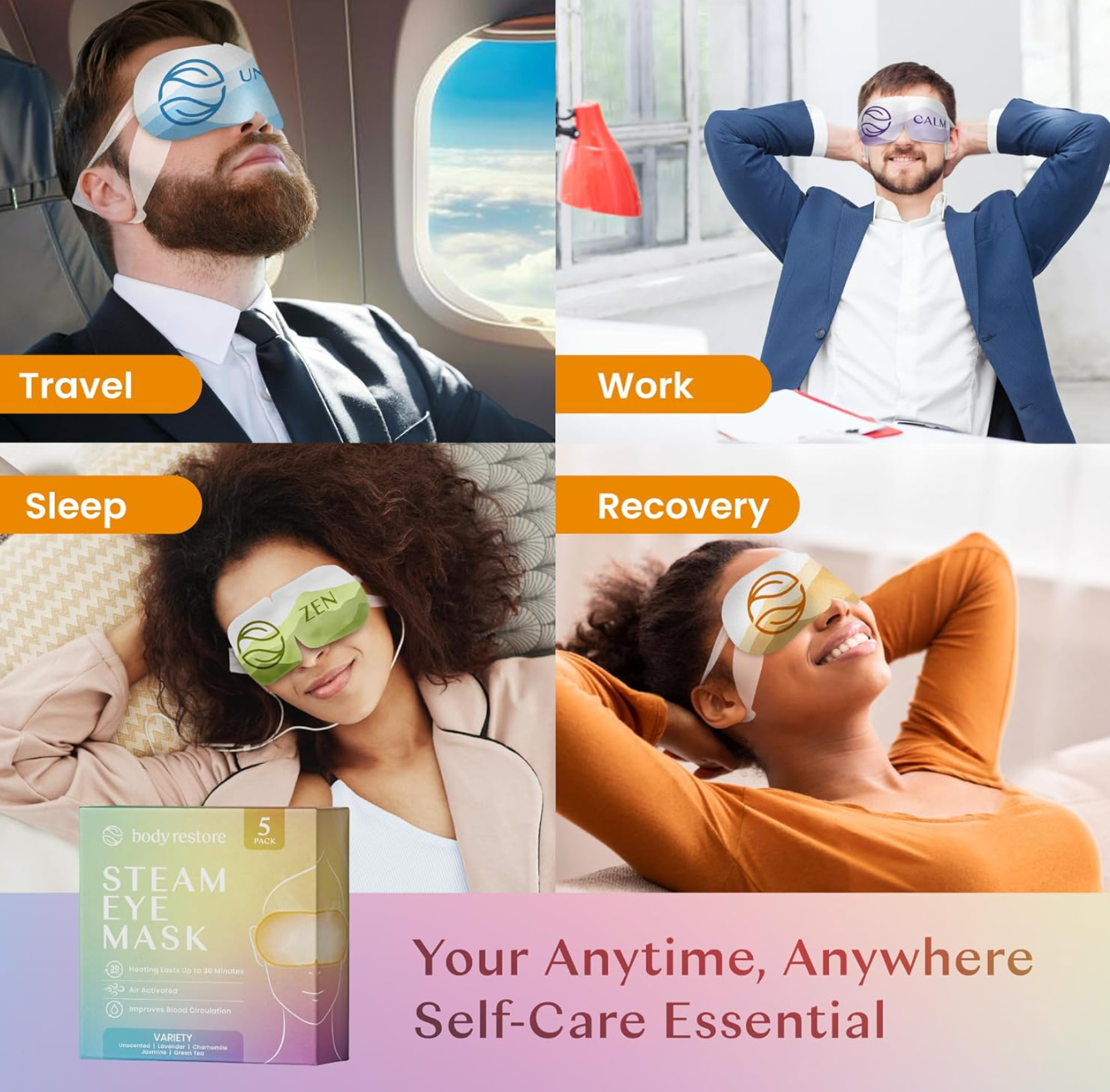 Best Beauty Group - Wholesale Sleep/Eye Mask - BODY RESTORE Steam Eye Mask Spa Relax Five Packs or Single10