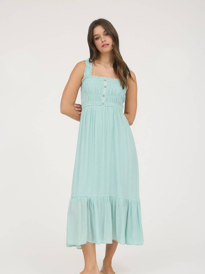 SHIRRED BUTTON FRONT SLEEVELESS MIDI DRESS for wholesale by Blu Pepper