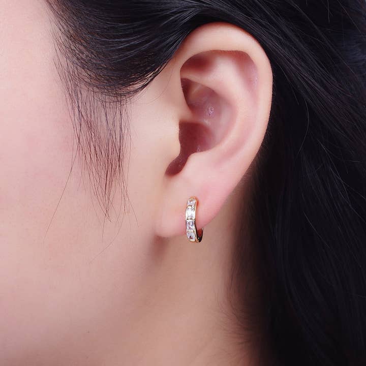 Aim Eternal - Wholesale Huggie Earrings - 16K Gold Filled Baguette Cubic Zirconia Lined 13x14mm Huggie Hoops Earrings | X8433