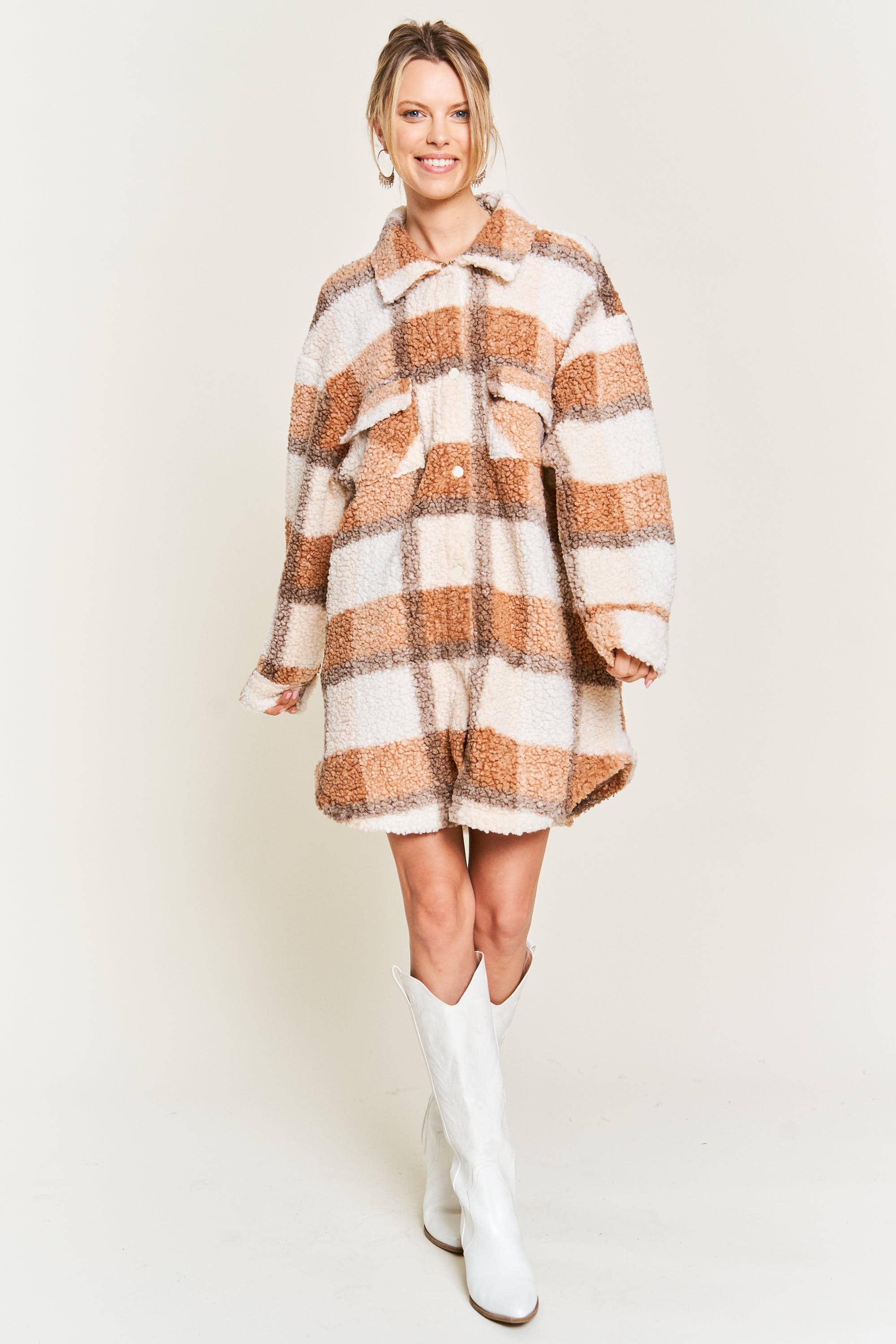 Orange PLUS SIZE Fuzzy plaid teddy jacket JJO1021-1 for wholesale on Faire10