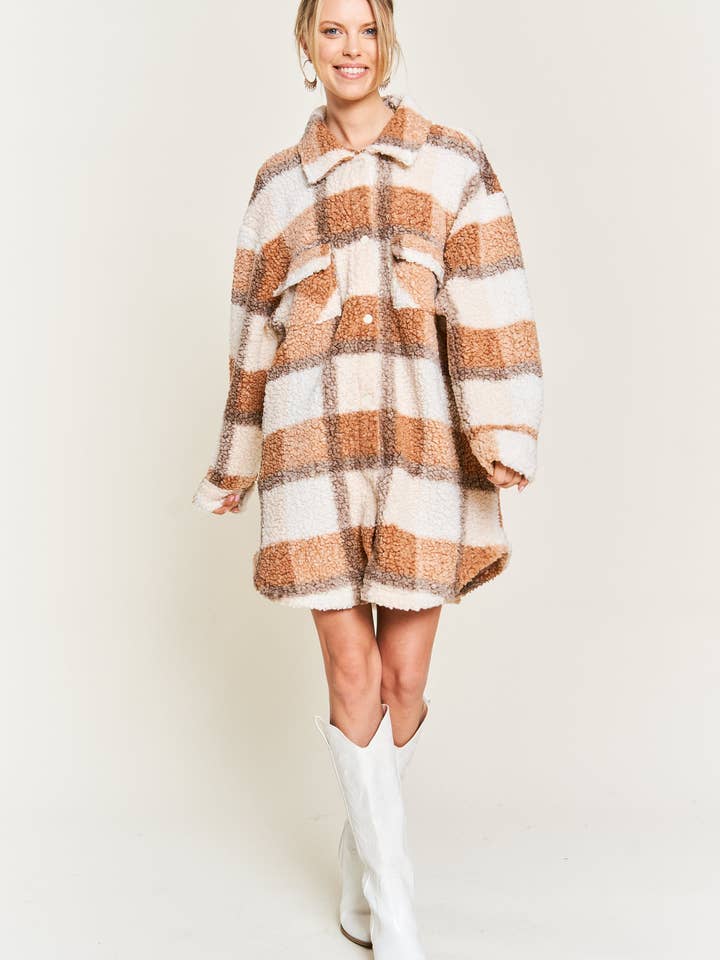 Orange PLUS SIZE Fuzzy plaid teddy jacket JJO1021-1 for wholesale on Faire10