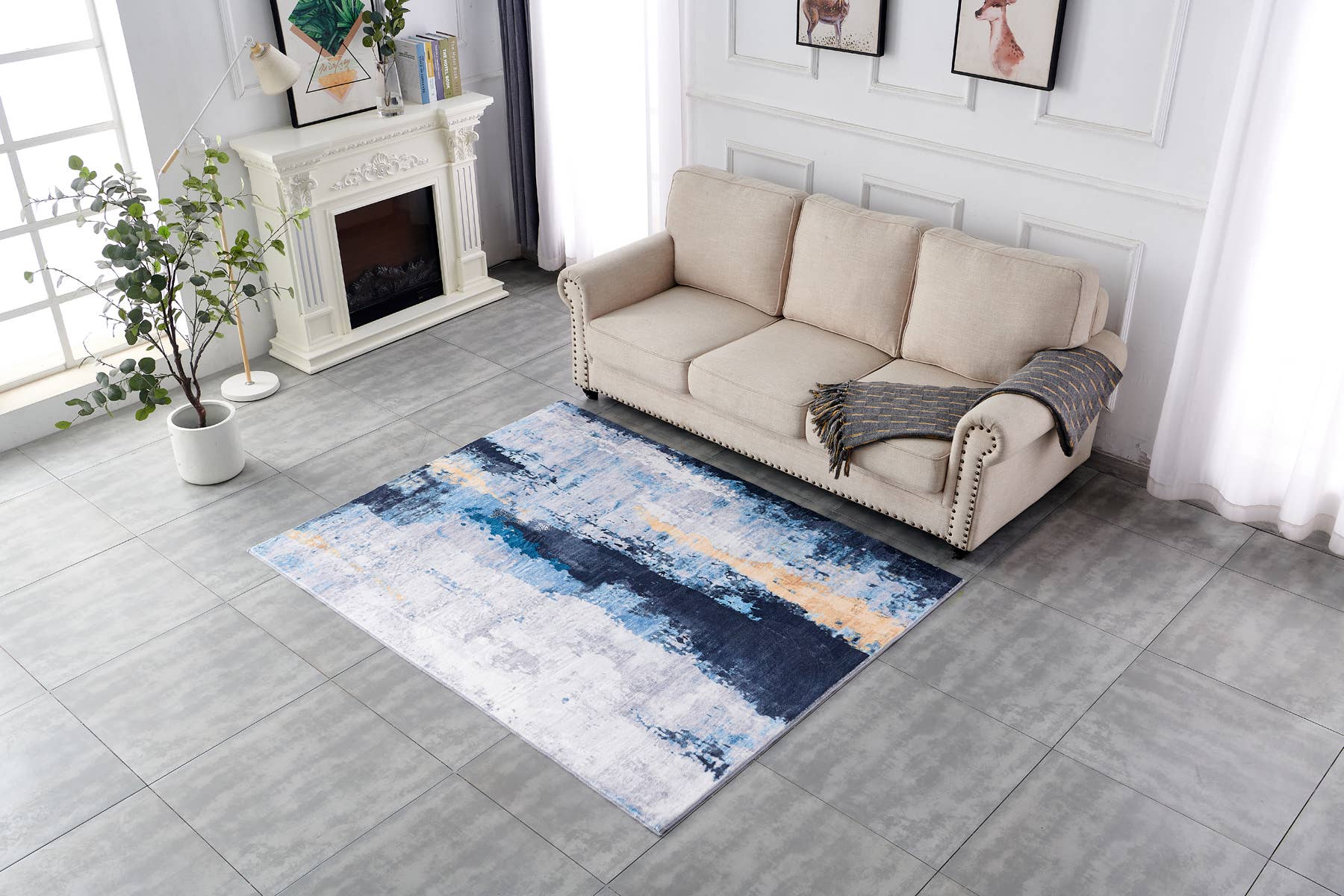 Amazing Rugs – Großhandel Teppichvorleger – Zara Abstract Design, maschinenwaschbar, grau/blau-gelber Bereich8