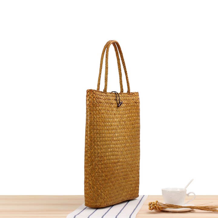 Superbia - Wholesale Tote Bag - Women's - Large Flat Vintage Tote Bag Straw Bag with Buttons Fastening