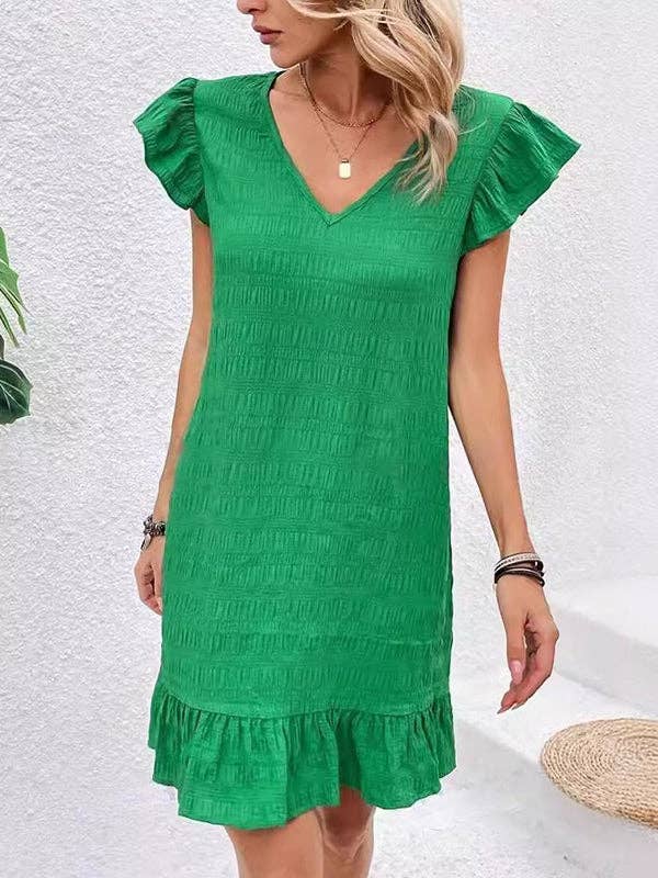 VERT Mini-robes amples plissées à manches volantées de couleur unie et à col en V en vente sur Faire2