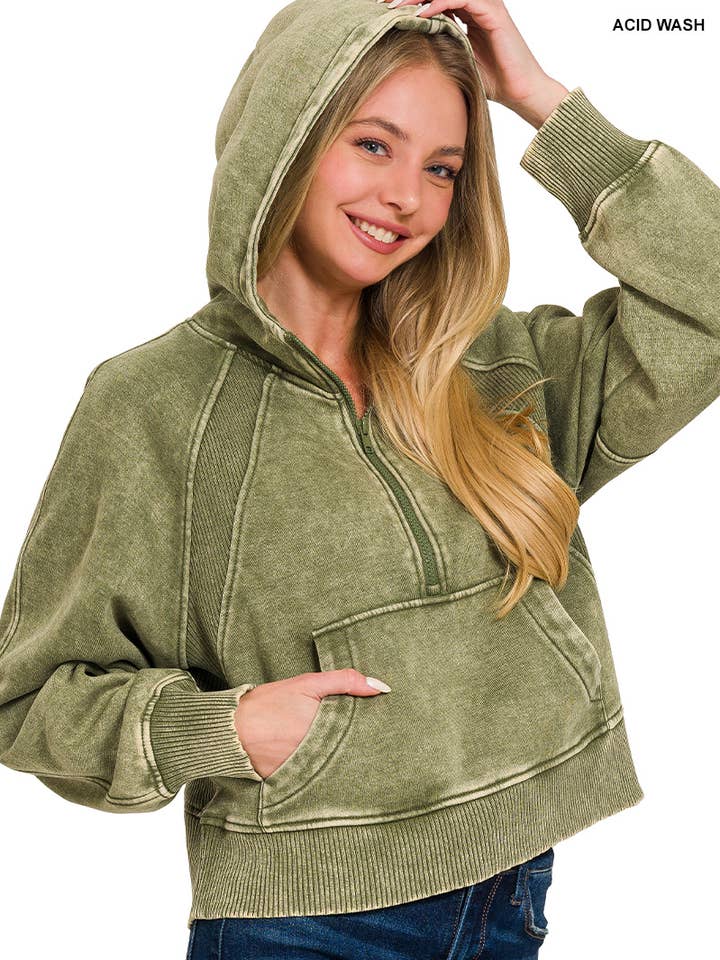 42POPS - Wholesale Hoodie – Women's - ..._ SI-26701 Acid Washed Half Zip Fleece Hoodie Kangaroo Pocket5