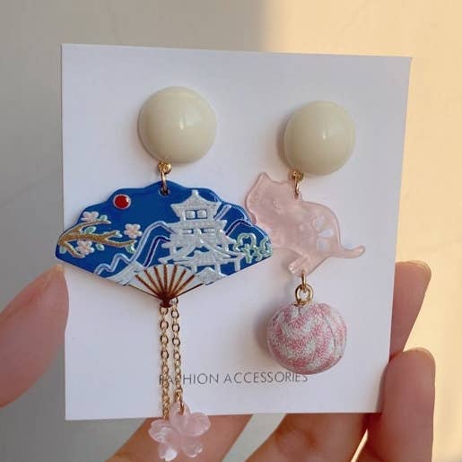 Sakura fan and cat tassel earrings- dangle, studs, hoop for wholesale by MonsterS