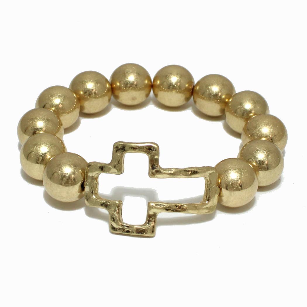 SOPHIA WHOLESALE - Wholesale Beaded Bracelet - Cutout Cross with Chunky Ball Stretch Bracelet0