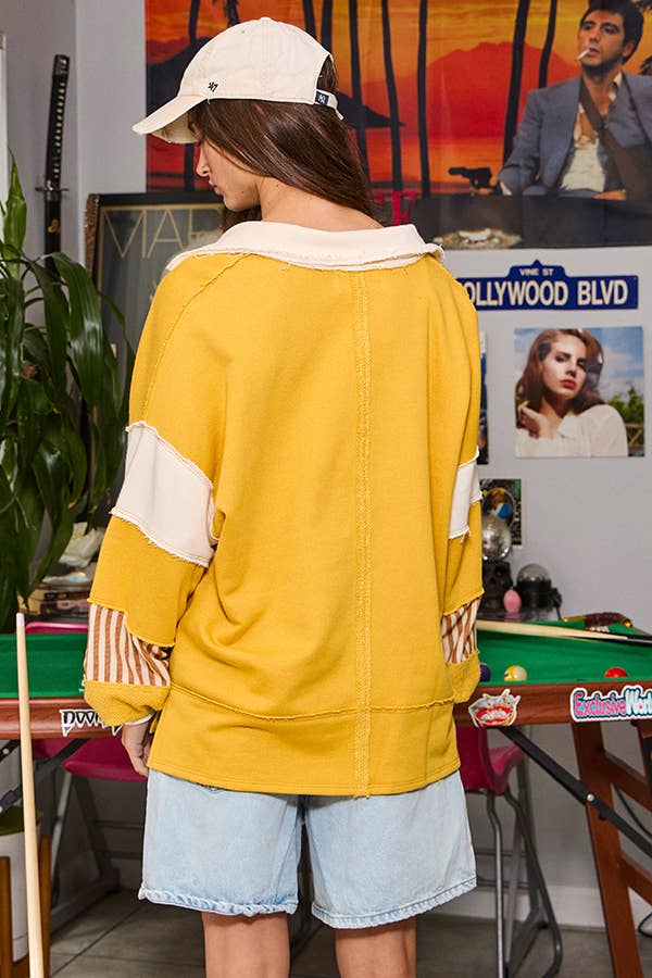 BUCKETLIST INC - Wholesale Knit Top - Women's - T2004 French Terry Knit Color-block Collared Loose Fit Top16