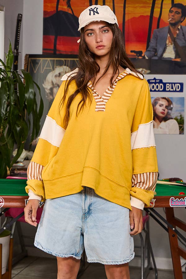 BUCKETLIST INC - Wholesale Knit Top - Women's - T2004 French Terry Knit Color-block Collared Loose Fit Top15