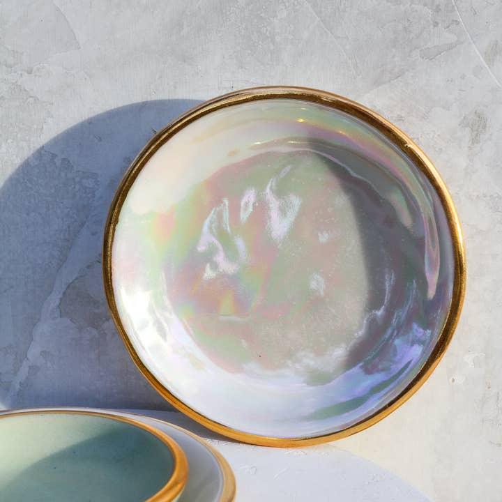 Large Iridescent Ring Dish | Handmade Pottery with Gold for wholesale by Apricity Ceramics