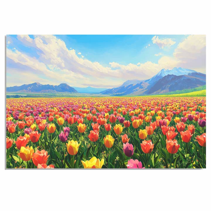 Farverigt tulipanmark lærredsvægkunst med bjerge og himmel for engroshandel hos Art Paradise Studios