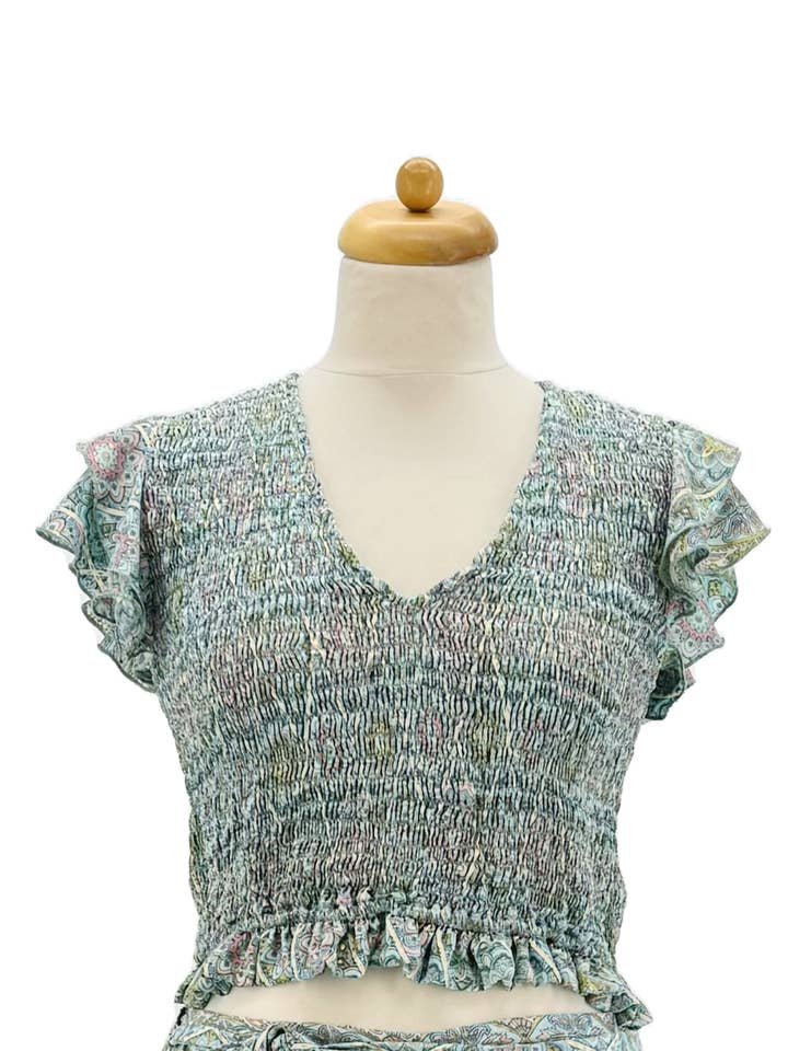 BEIGE TURQUOISE KHAKI Cold Silk Boho Top with Geometric Print –Handmade for wholesale on Faire3