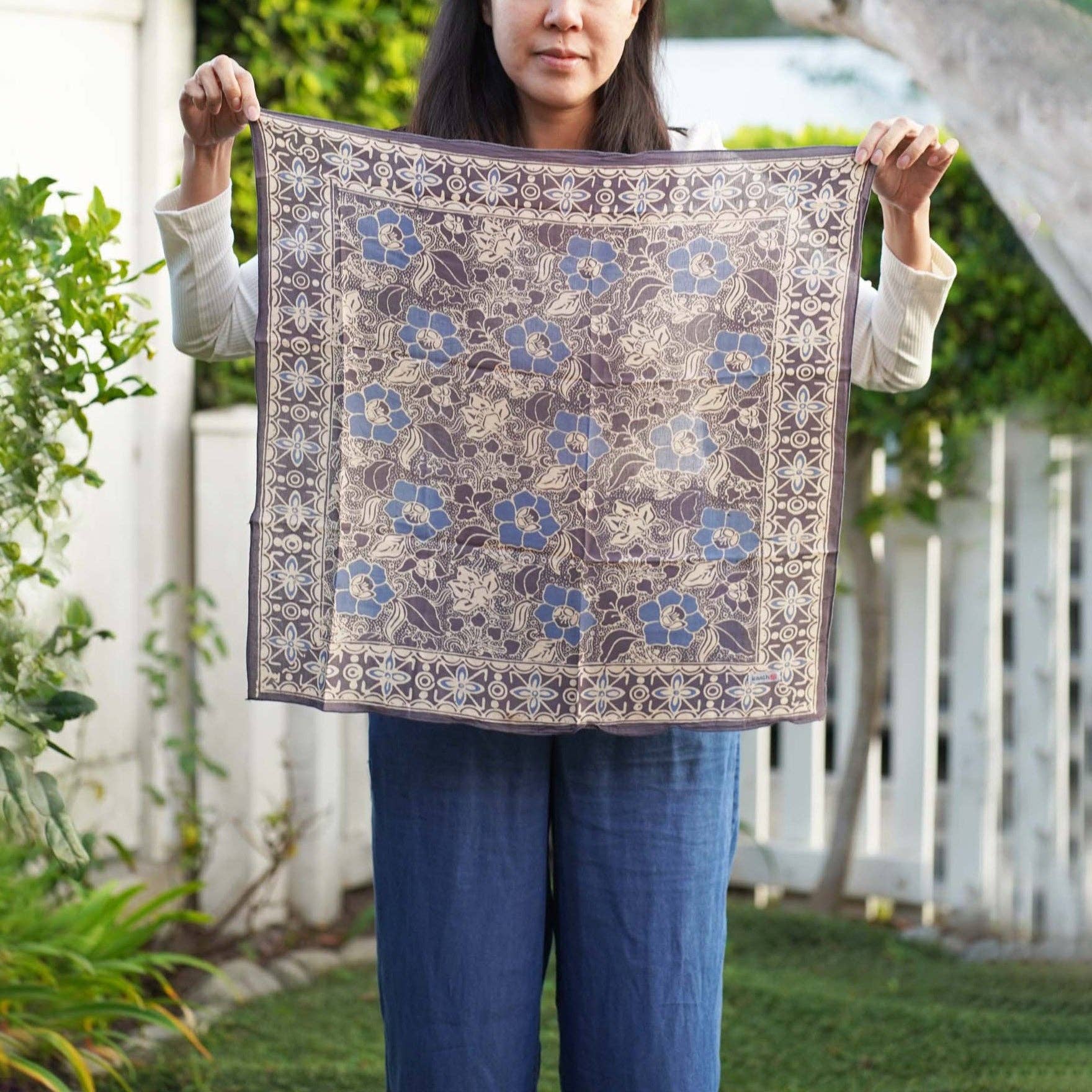 Kasih Co-op - Wholesale Bandana - Unisex - Hand Dyed Batik Bandana Spotted Flower, Grey, Blue, Hair Cover Scarf, Cotton8