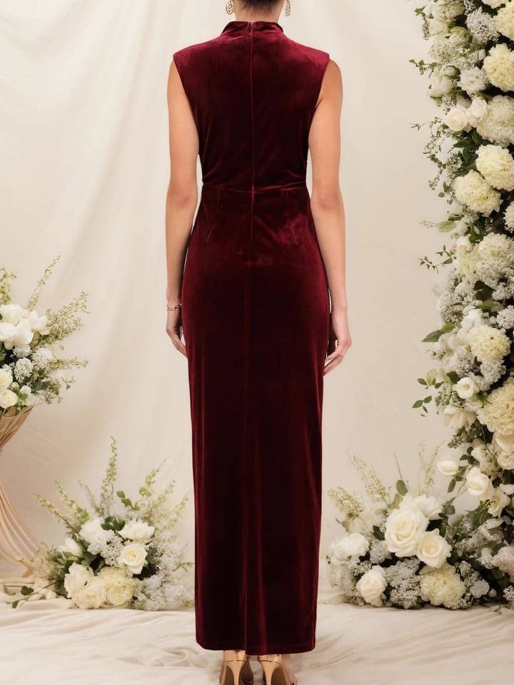 Burgundy Sleeveless Velvet Evening Gown Women Wine Red N5A459 for wholesale on Faire1