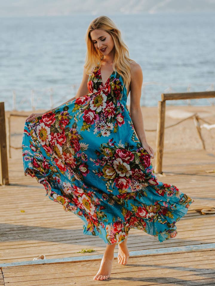 Robe maxi boho en coton turquoise à motif floral pour la vente par Miss Kitsch