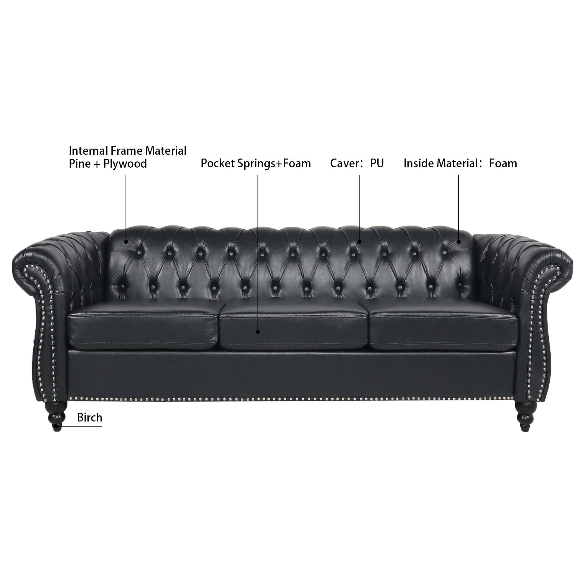 39F Inc. - Wholesale Chair - 84.65''BLACK PU Rolled Arm Chesterfield 3 Seater Sofa,6Color11