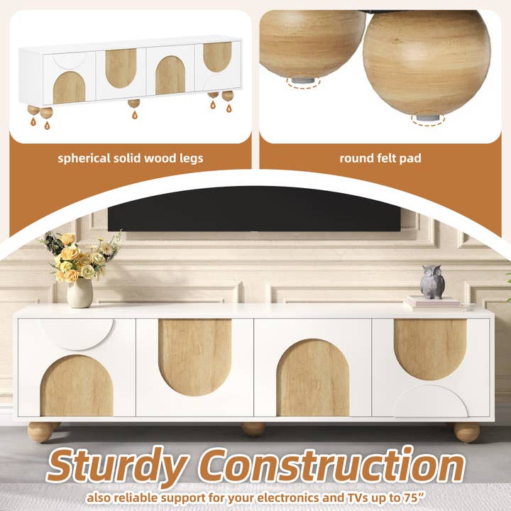 HOMYCASA DESIGN INC - Wholesale Console Table - Farmhouse TV Stand with Cable Holes for TVs up to 75', Cream Style Media Console with Rebound Device, Elegant Entertainment Center with 5 Solid Wood Legs for Living Room, Bedroom, White, 69.6'W5