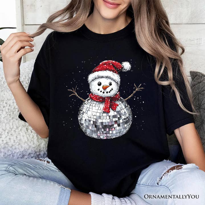 OrnamentallyYou - Wholesale Screen printed t-shirt – Women′s - Disco Snowman Christmas T‑Shirt, Retro Holiday for Dancers5