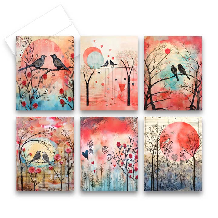 Assorted Valentines Day Cards, Set of 6, Love Birds for wholesale by Aria Rae