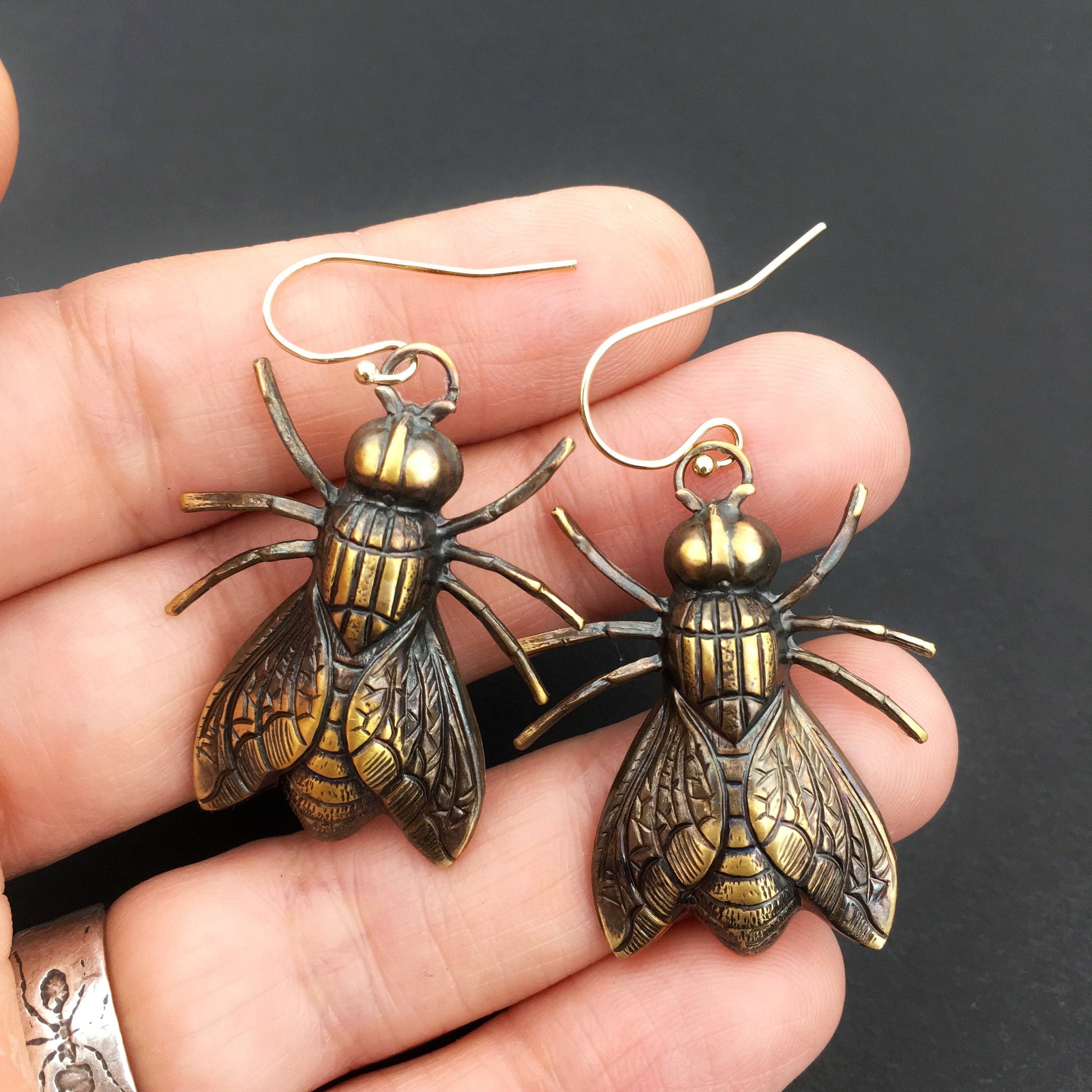 Metal Cloth & Wood - Wholesale Dangle Earrings - Brass Fly Insect Earrings1