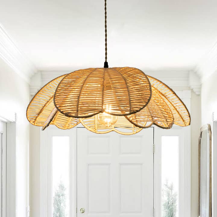 Natural Rattan Flower Pendant Light Coastal Hanging Fixture Light for wholesale on Faire