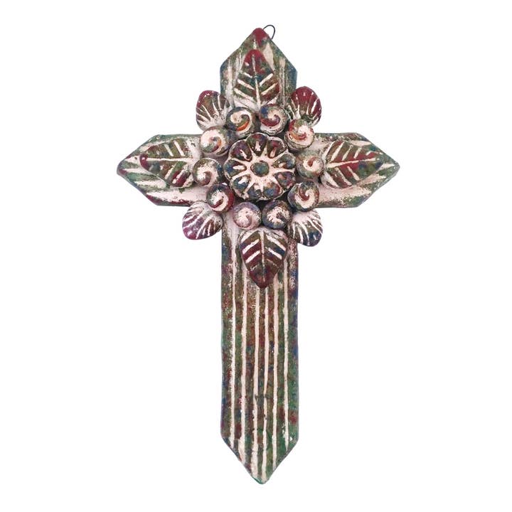 Pottery Cross With Flower Bouquet - Rustic Finish for wholesale by Sedona Spirit