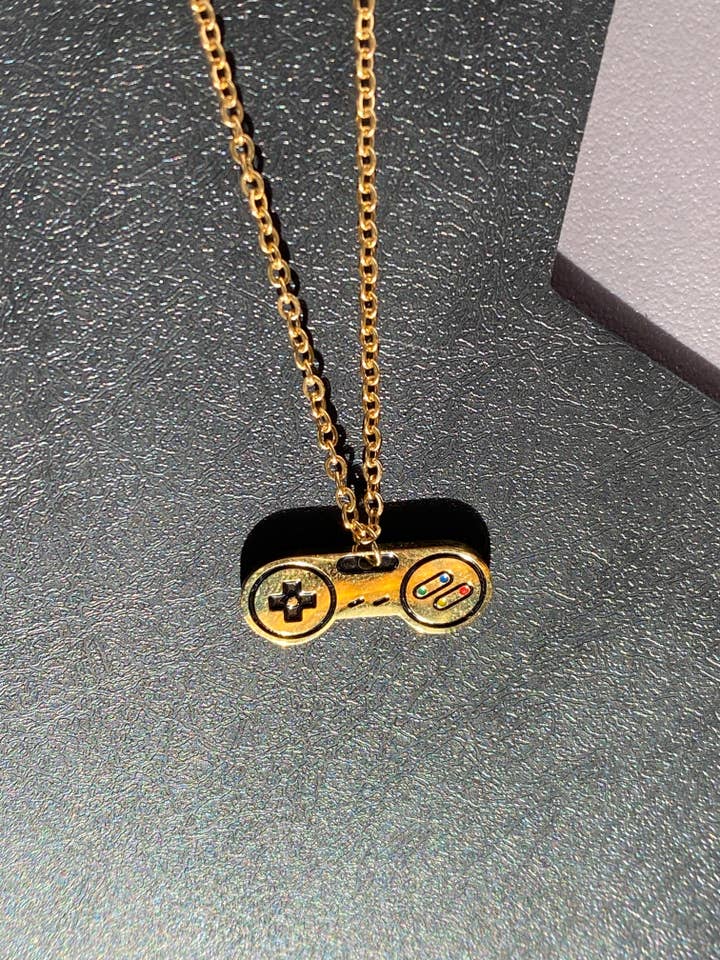 Old School Game Controller Gold Charm Necklace for wholesale by June Luna Jewelry
