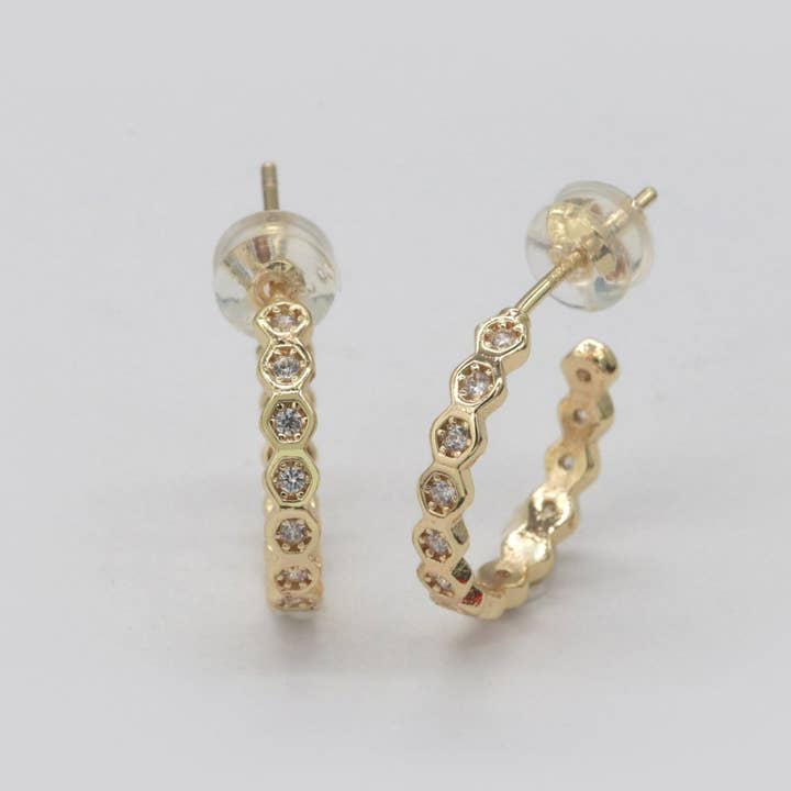 15mm Gold Hoop Earring with Geometric CZ Bezel Set P-181 for wholesale by Aim Eternal