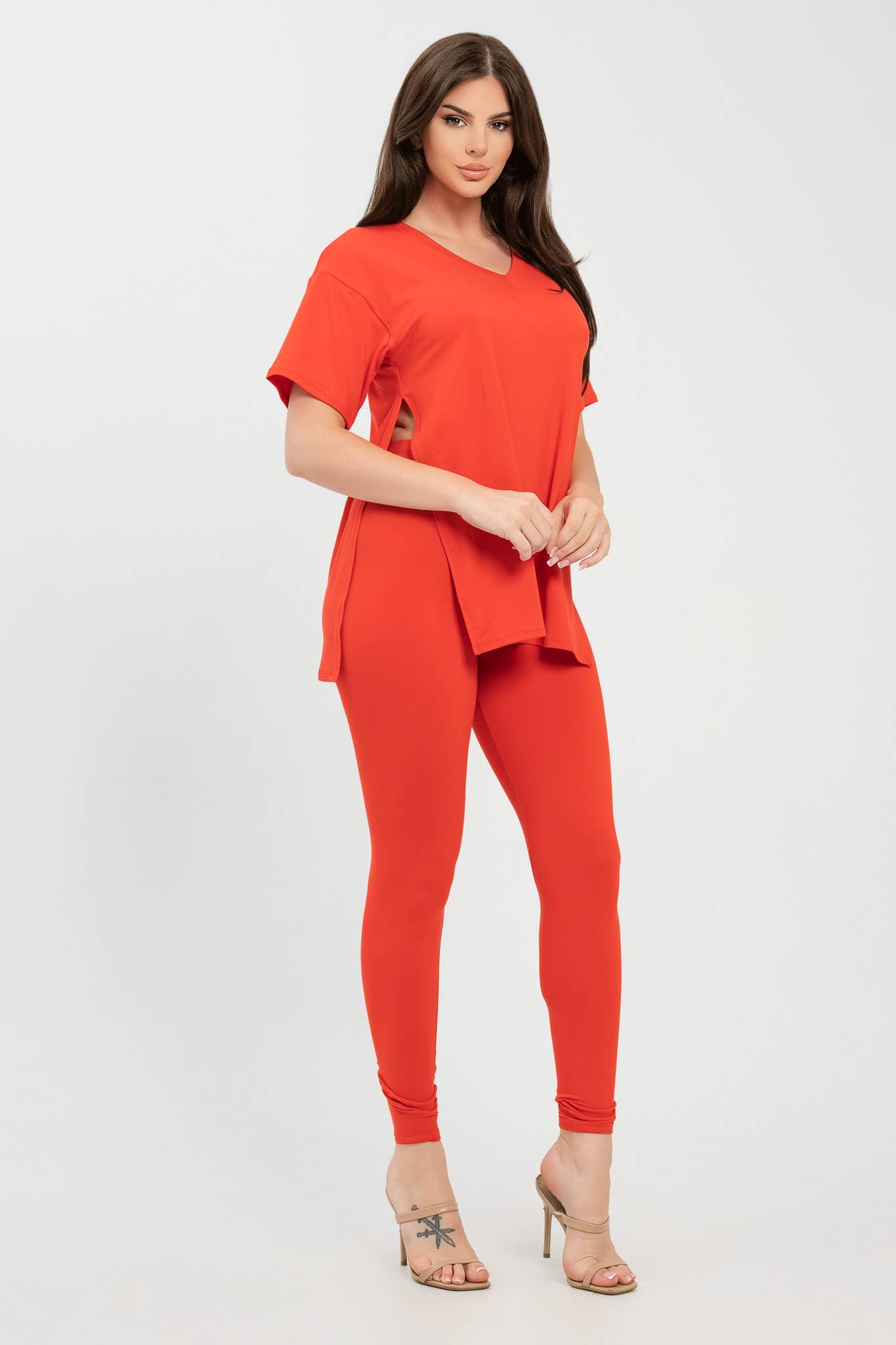 Julia by LoveJ - Wholesale Top & Pant Set (NOT Loungewear) - Women's - V Neck Side Slits Basic Top And Leggings Set1