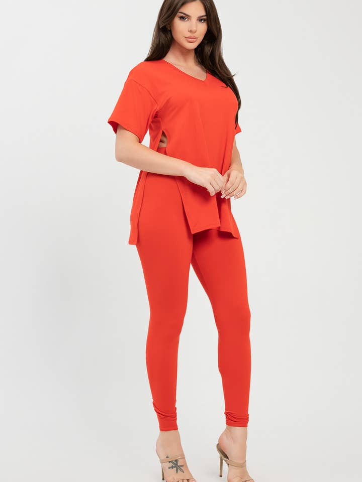Julia by LoveJ - Wholesale Top & Pant Set (NOT Loungewear) - Women's - V Neck Side Slits Basic Top And Leggings Set1