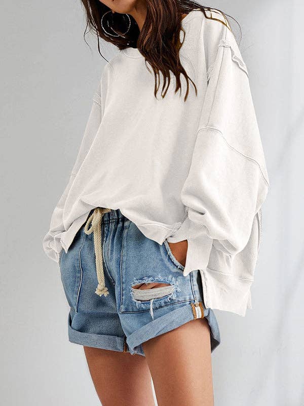 StyleGalX - Wholesale Sweatshirt – Women's - Long Sleeves Loose Fringed Solid Color Split-Joint Split-Side Round-Neck Sweatershirt8