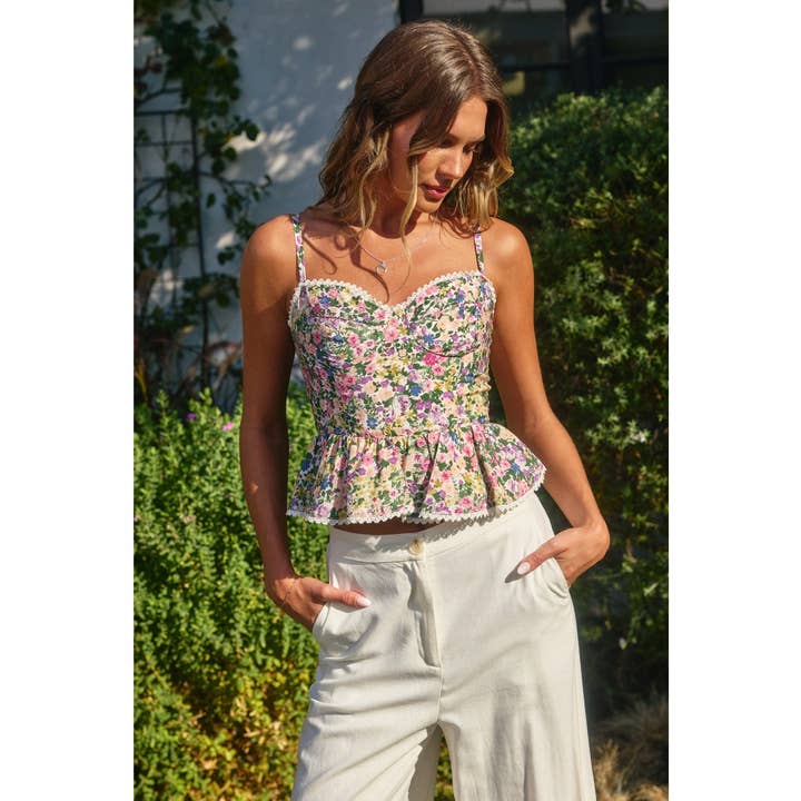 PINK GREEN FLORAL Morning Glory Flared Cami Top (1) for wholesale on Faire