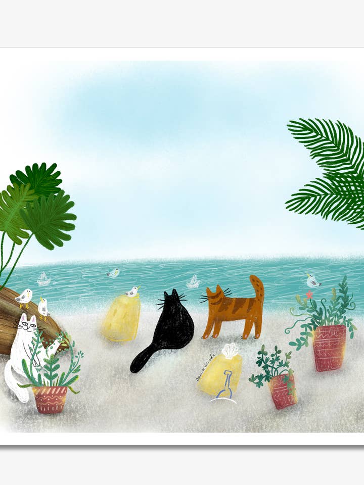 Gatos en una Playa de Arena Blanca Impresión de Arte sin Marco para venta al por mayor de Dariia Dziuba